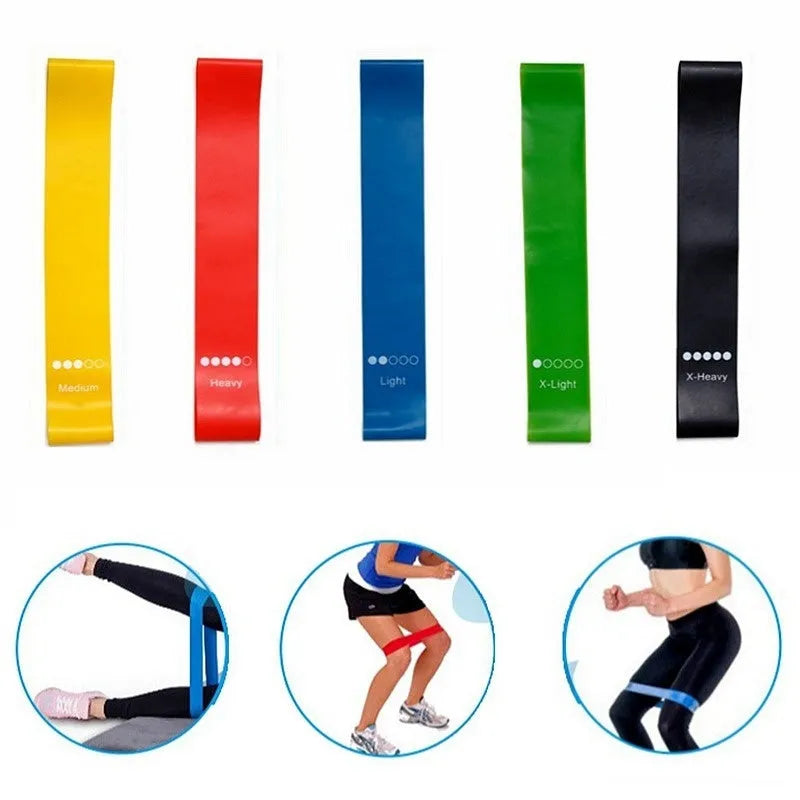 Five colour-coded TPE yoga tension straps with force marks arranged by thickness from 0.5mm to 1.1mm