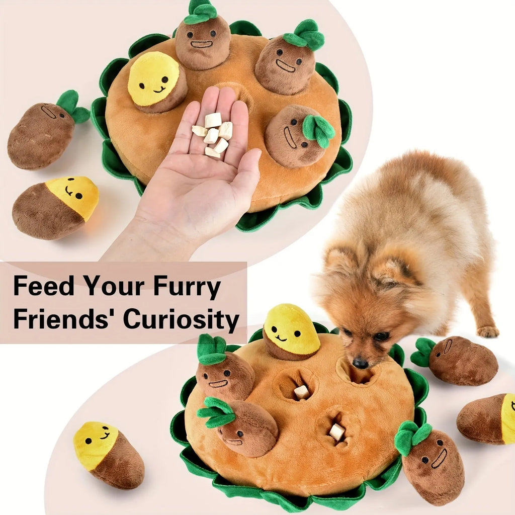 Interactive dog puzzle toy with yellow slow feeder pads and removable squeaky plush toys for canine enrichment