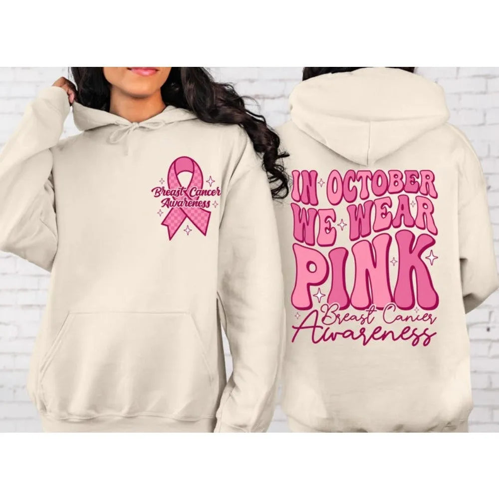 Breast cancer awareness hoodie with retro art hot stamping and side seam pockets in pink colour