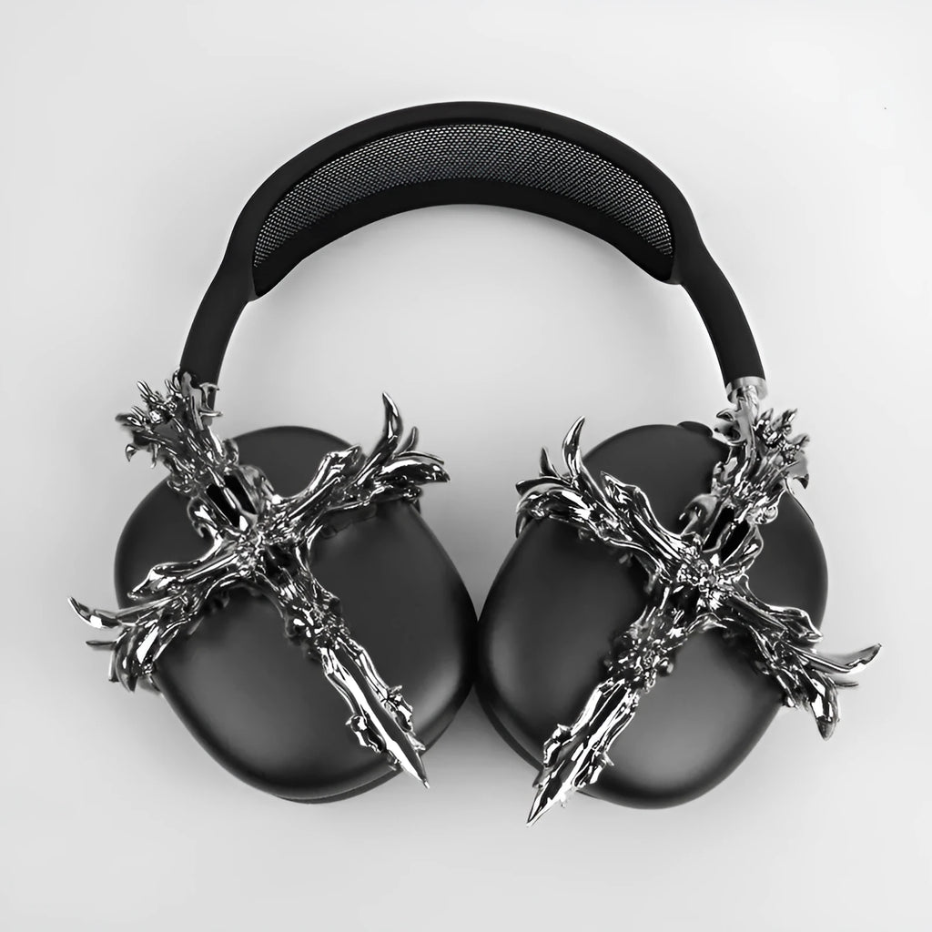 Gothic cross design hard resin case cover for Apple AirPods Max headphones in silver colour