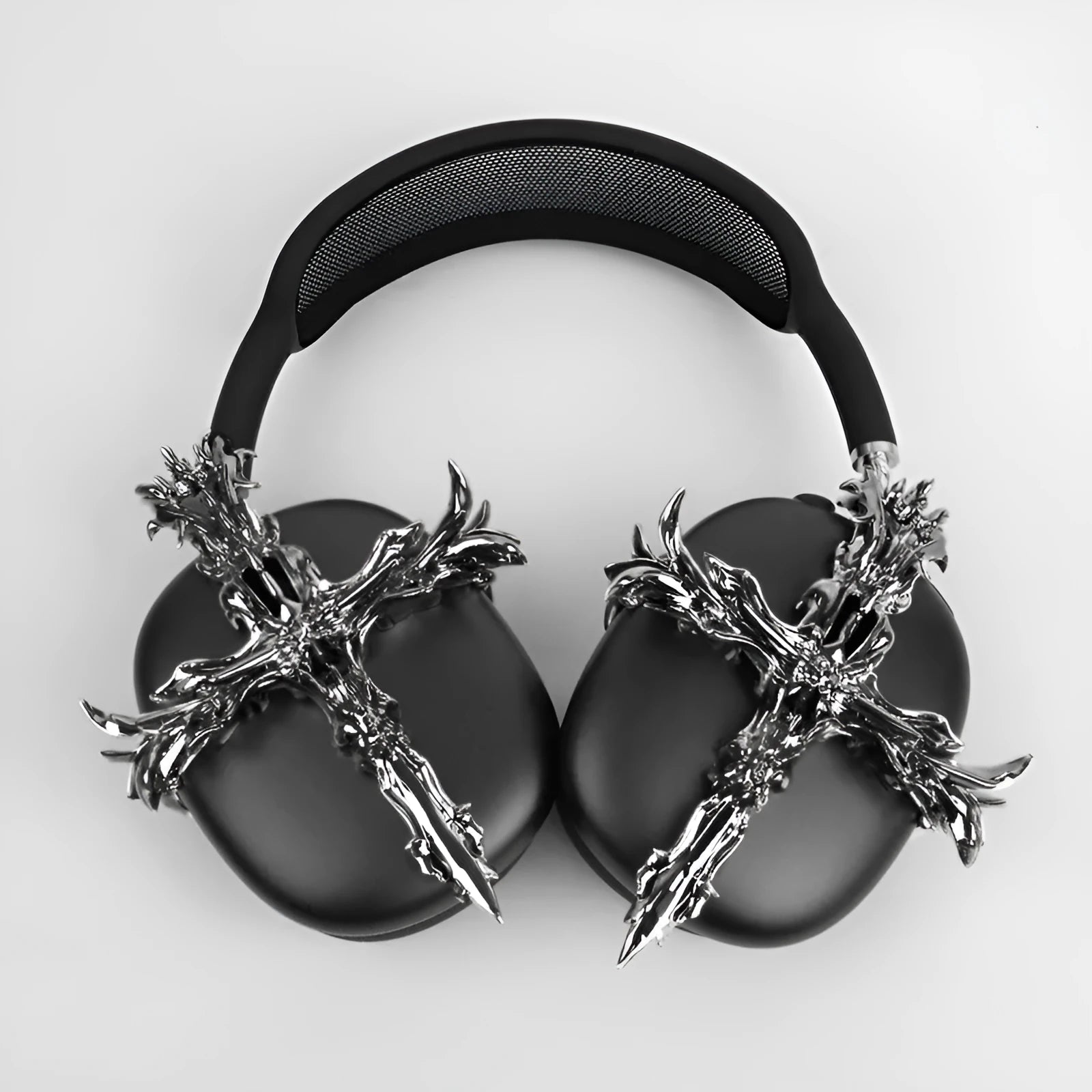 Gothic cross design hard resin case cover for Apple AirPods Max headphones in silver colour
