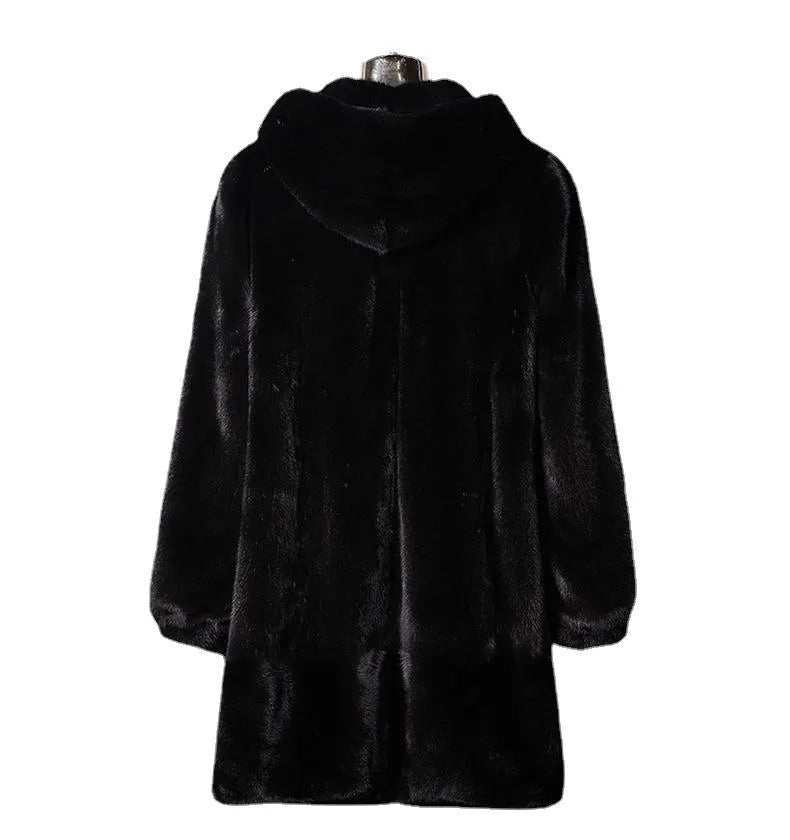 Women's long black hooded faux fur coat for autumn and winter, shown on a hanger.