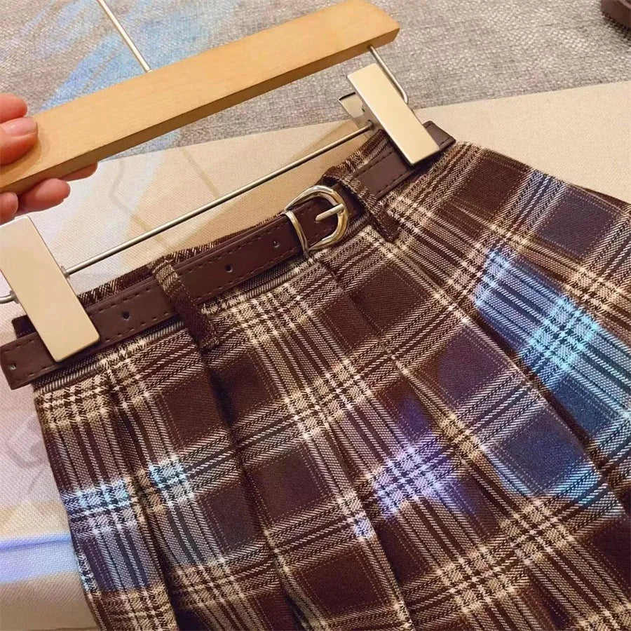 Children's plaid pleated skirt in cotton blend fabric with A-line design for heights 90cm to 140cm