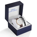 Men's quartz watch set with round 37mm alloy case, 22cm leather band, buckle clasp, and Hardlex dial window