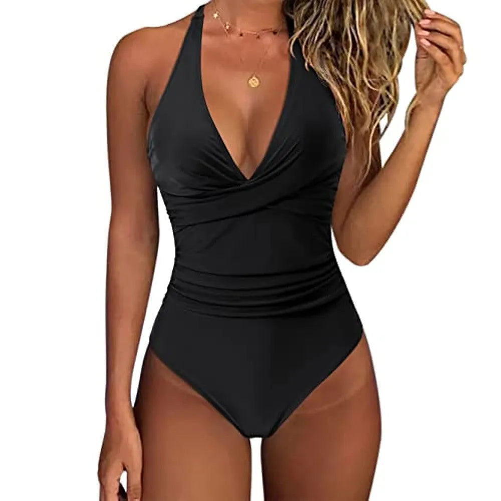 Women's cross front one-piece swimsuit in polyester fabric showing colour options