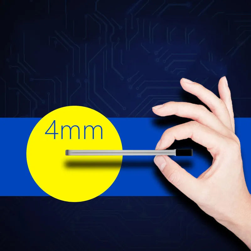 Silver graphene power bank showing slim 4mm profile with 4000mAh capacity for phone charging
