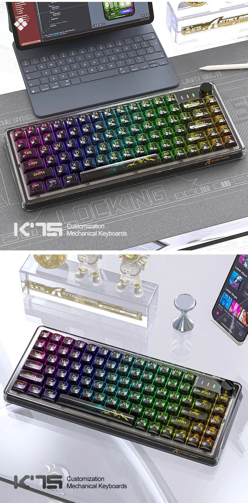 Attack Shark K75RGB wireless mechanical keyboard with transparent RGB lighting in black or white