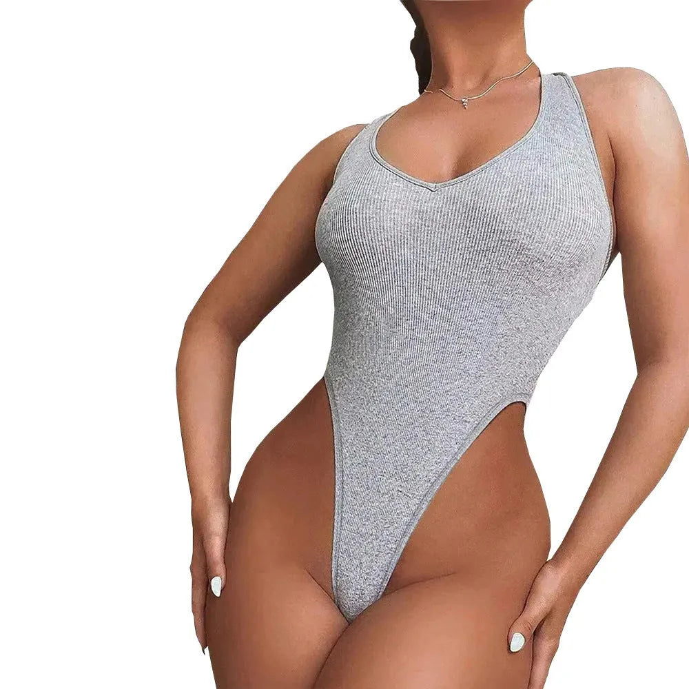 Grey women's halter jumpsuit with shorts length and high waist design