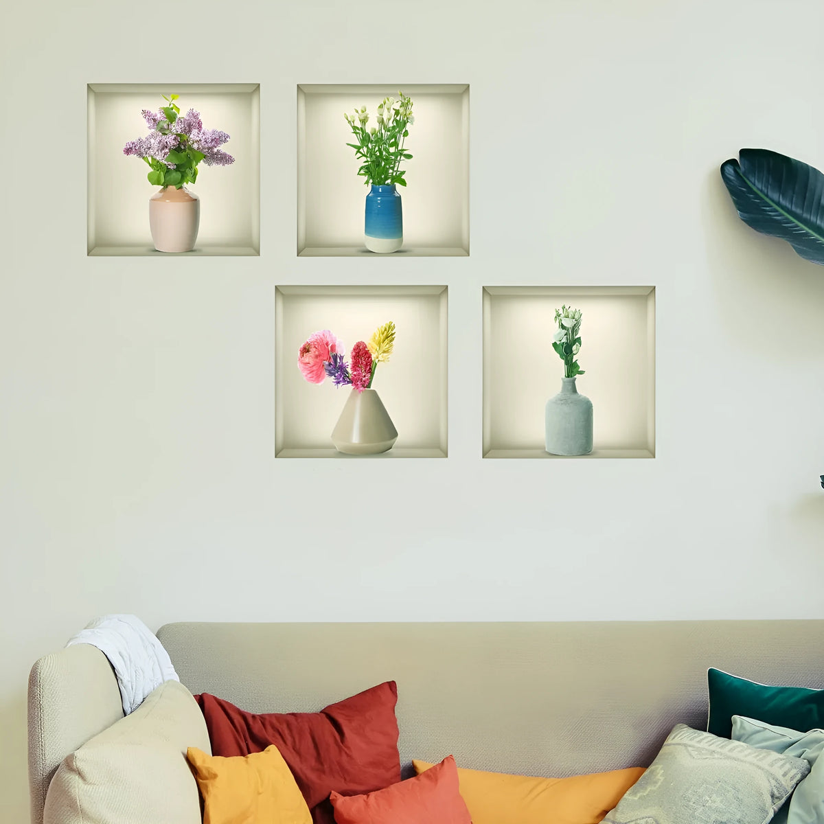 3D vase plant wall sticker, PVC plane wall decal with plants and flowers pattern, 30x45cm 3 sheets