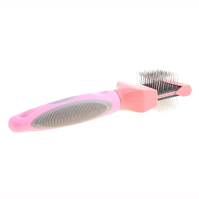Double-sided pet brush with stainless steel pins and blue ergonomic handle for grooming dogs and cats