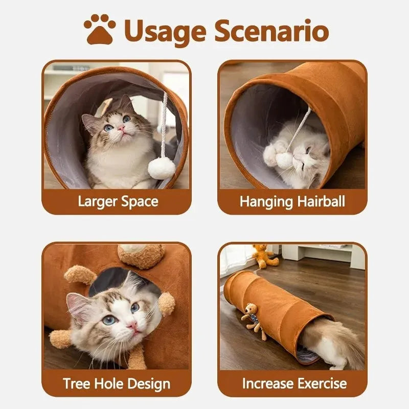 Collapsible brown cat tunnel with plush ball attached on top for indoor play