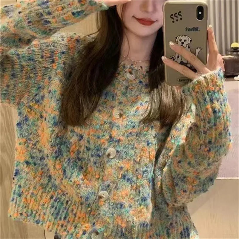 Retro gentle idle style knitted rainbow sweater in pink ice cream colour with slim fit design and medium thickness
