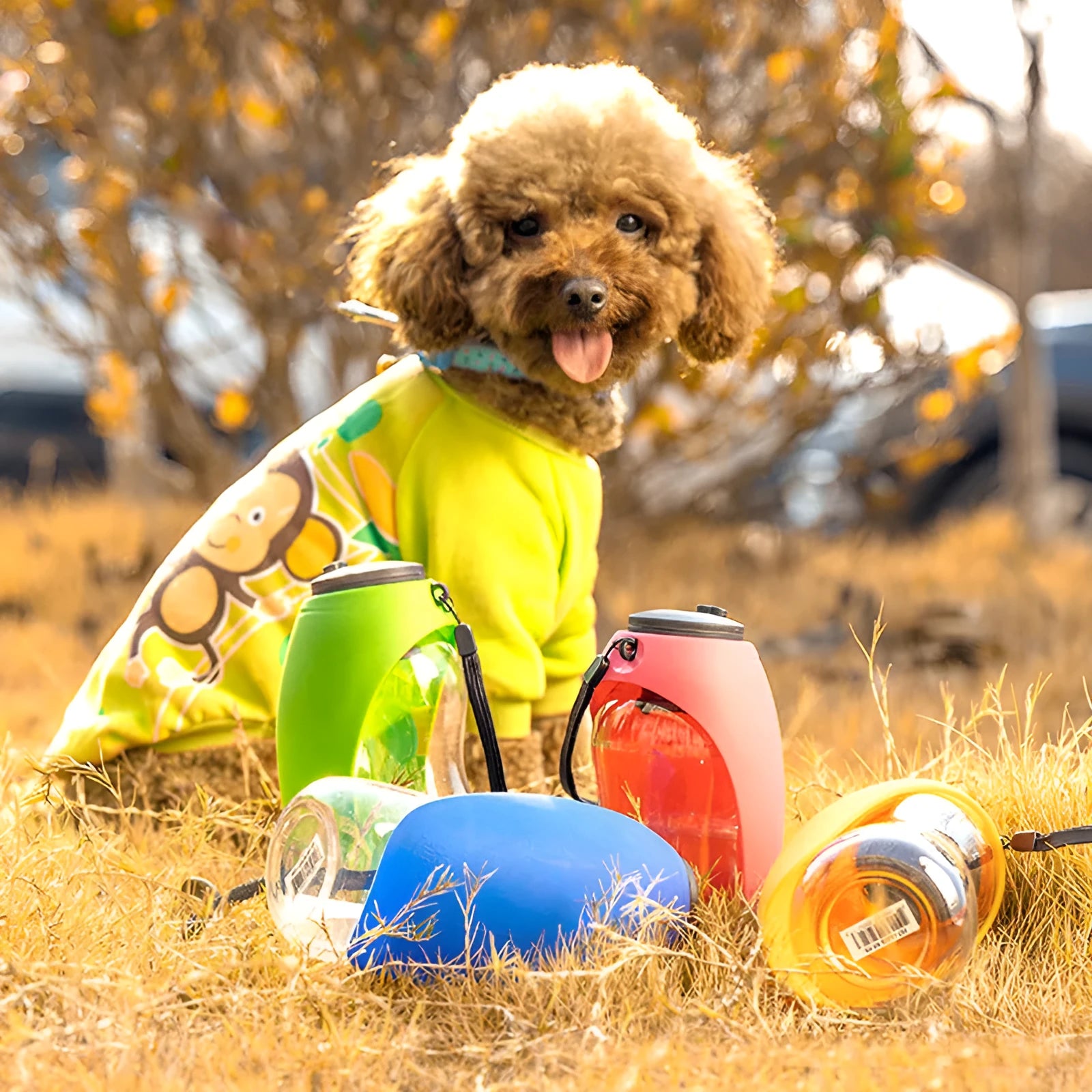 Portable dog water bottle with drinking bowl showing 680ml capacity and key-lock cap mechanism