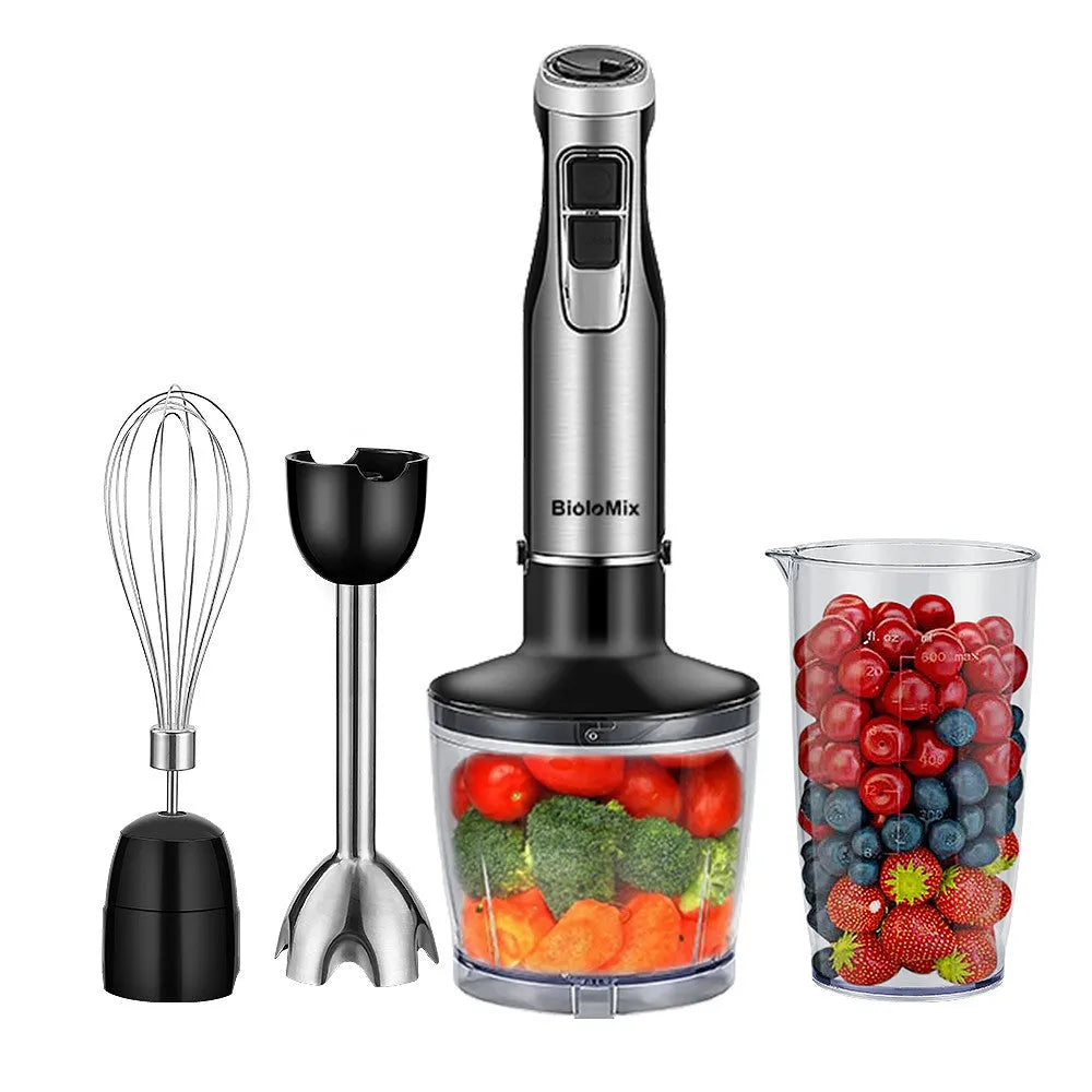 Biolomix silver hand blender with stainless steel attachments including whisk, chopper bowl, and blending beaker
