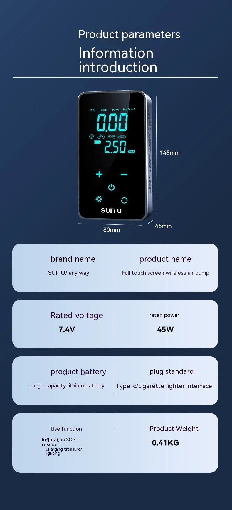 Compact black wireless car tyre inflator pump with digital LCD screen on a blue cloth bag.