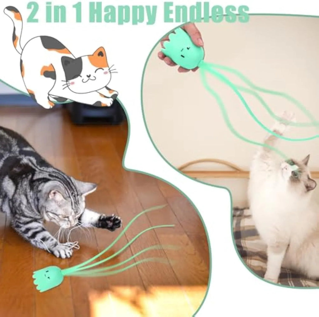 Green automatic cat wand toy with swinging silicone tails, 38cm length, for indoor cat entertainment