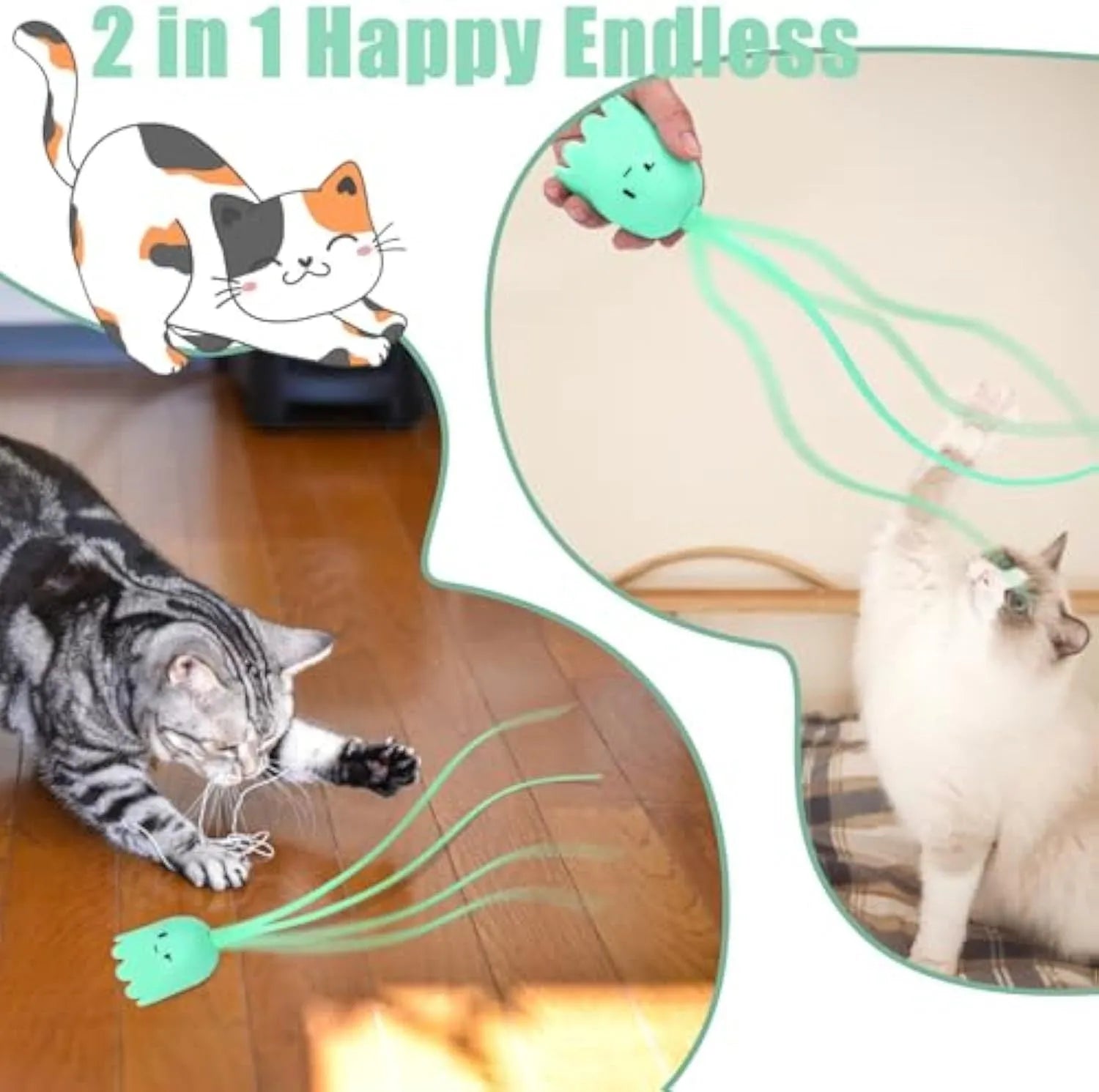 Green automatic cat wand toy with swinging silicone tails, 38cm length, for indoor cat entertainment