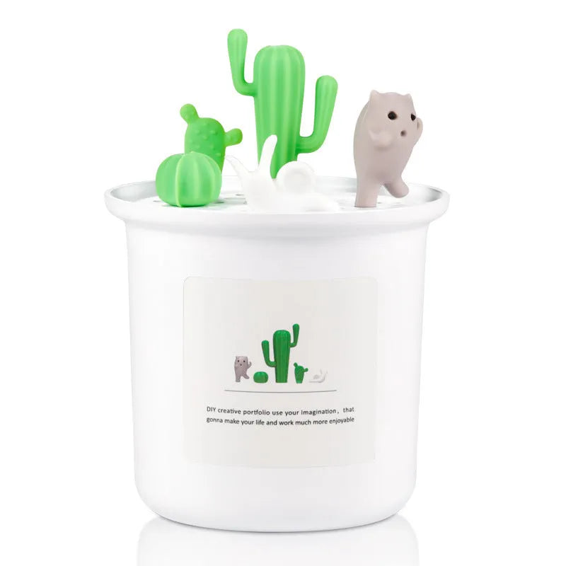 Vase-shaped pet humidifier in grey, pink, or white with mechanical dials and a water tank.