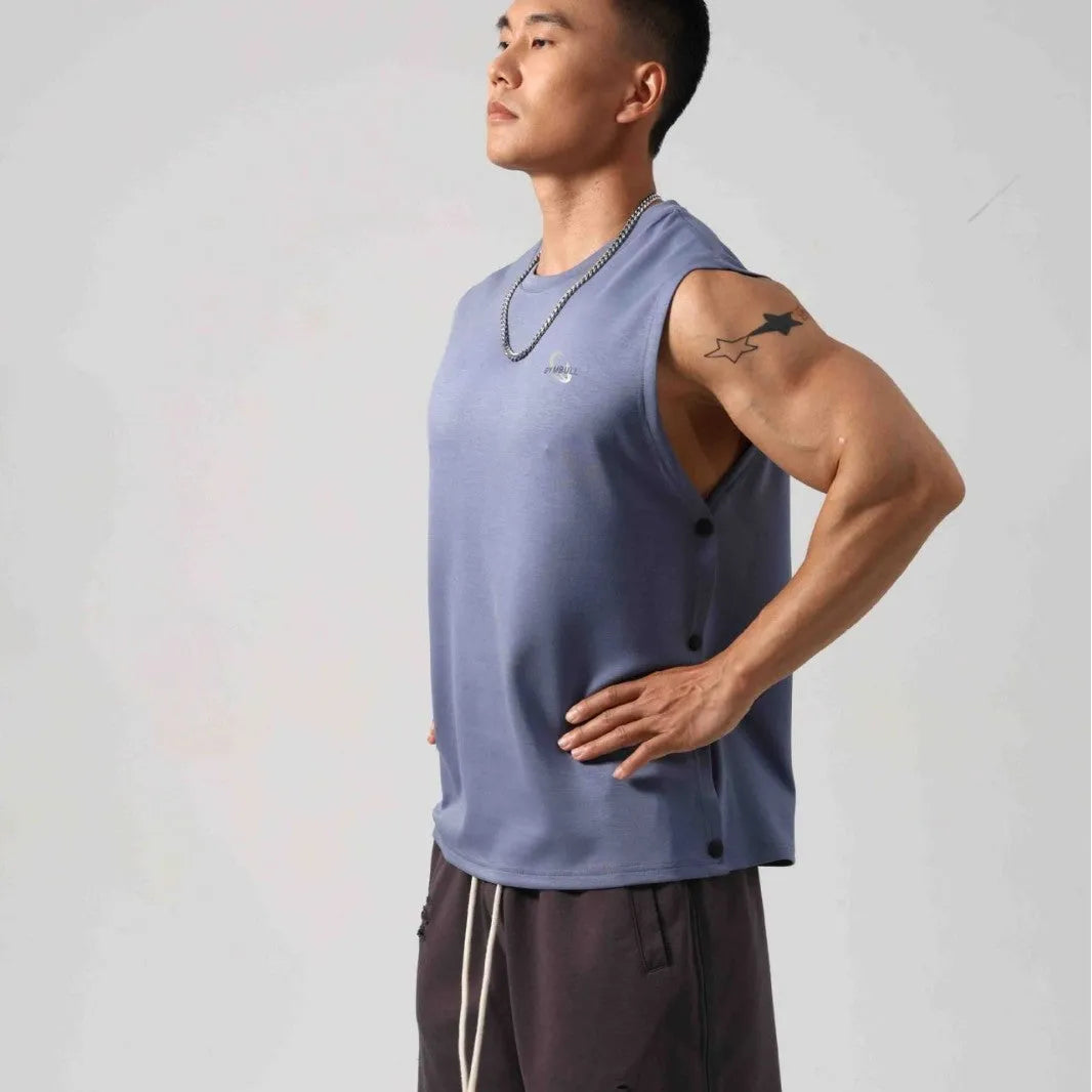 Korean style fitness vest with hidden hook side openings in cotton fabric, shown in black colour