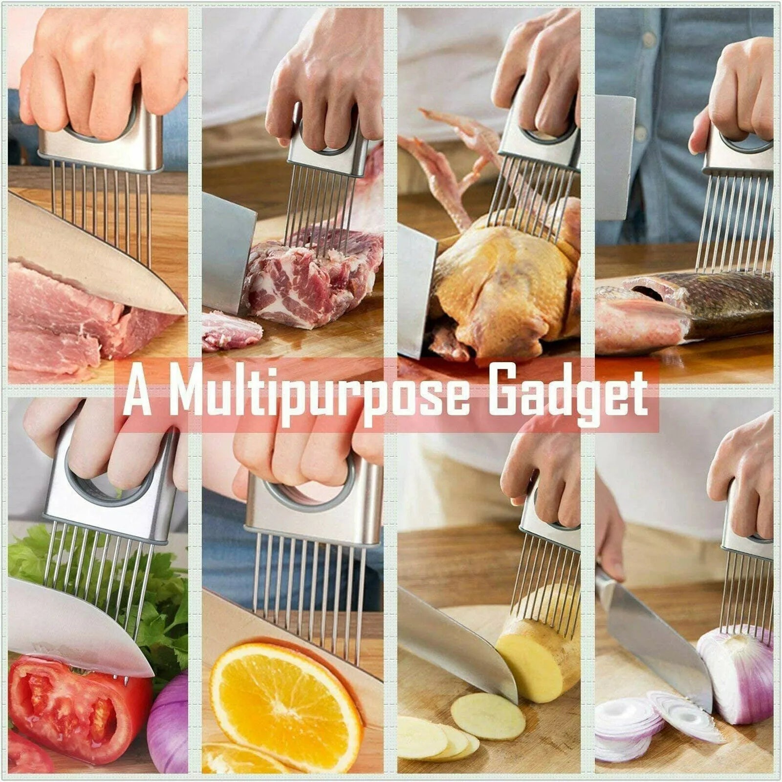 Stainless steel onion holder slicer with sharp prongs and a red finger guard on a kitchen counter.