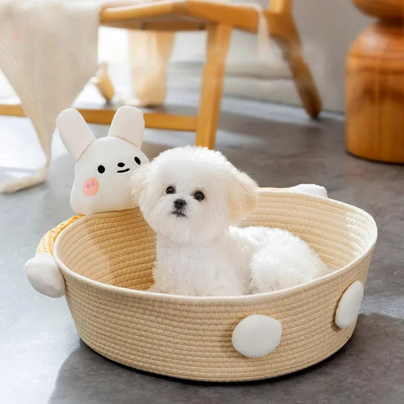 Woven cotton rope cat bed with integrated scratching board in basket design, available in three sizes