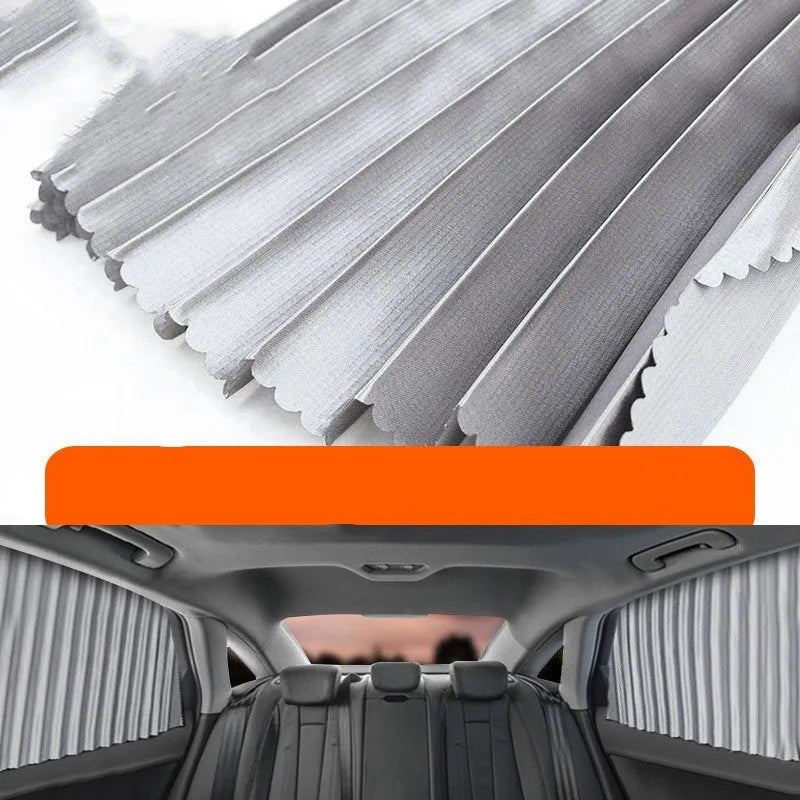 Auto retractable sun curtain in black colour showing flexible cloth material and roller shutter mechanism for car windows