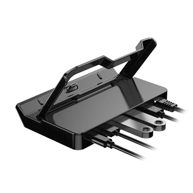 GPD WIN4 handheld game console dock in black and silver grey, showing interface ports on the base expander.