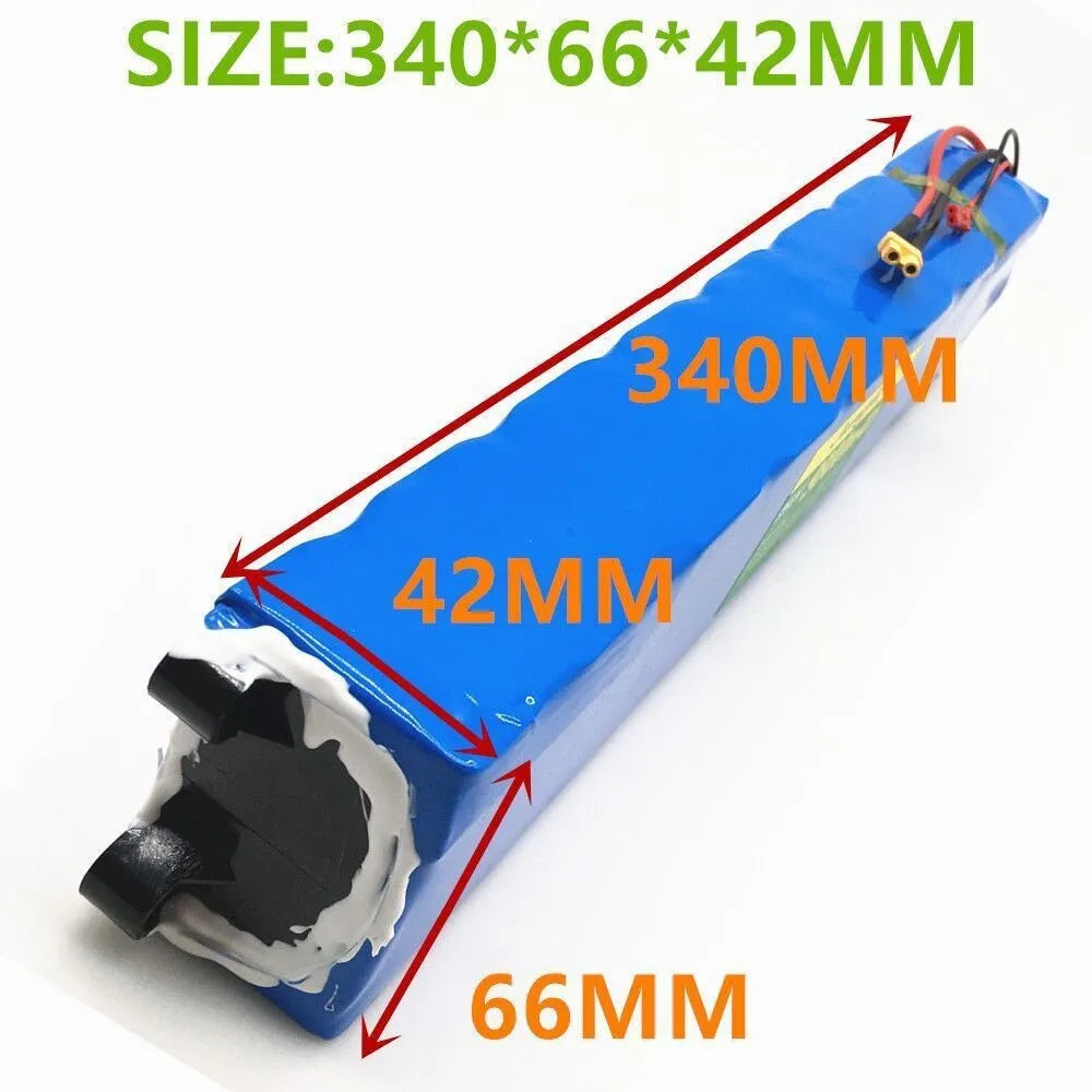 Blue 36V 30000mAh 10S3P electric scooter battery pack with XT30 or DC connector and 42V 2A charger.