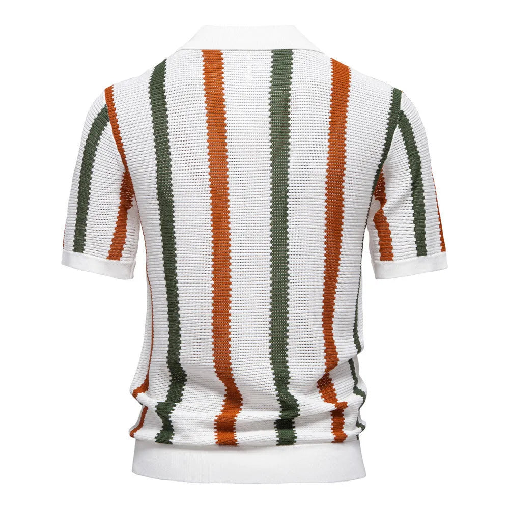 Men's striped mosaic polo shirt sweater in breathable hollow fabric available in four colours