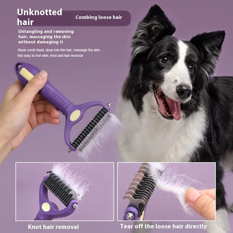 Purple double-sided plastic pet comb for detangling dog and cat fur.