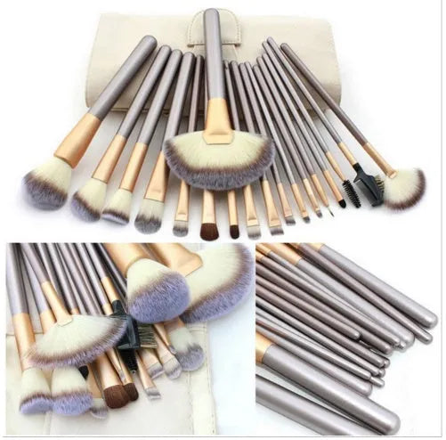 Persian makeup brush set with rice white bristles and champagne-coloured handles in 12, 18, or 24-piece options
