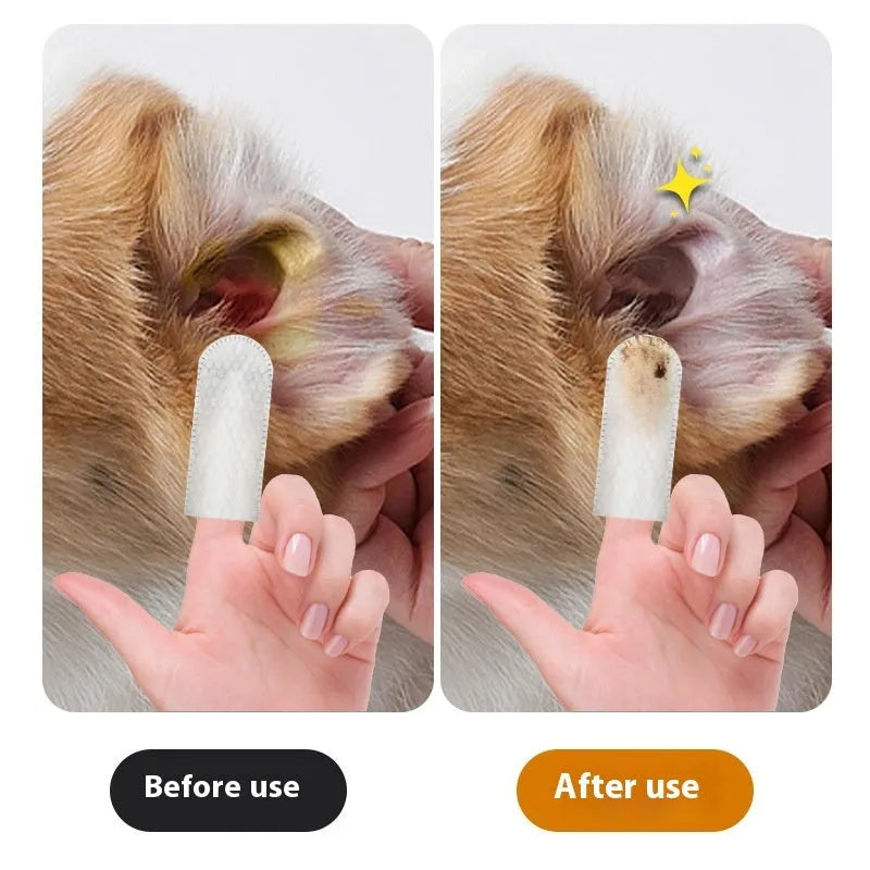 Box of disposable pet cleaning wipes showing ear and tooth wipes with fingertip design for cats and dogs