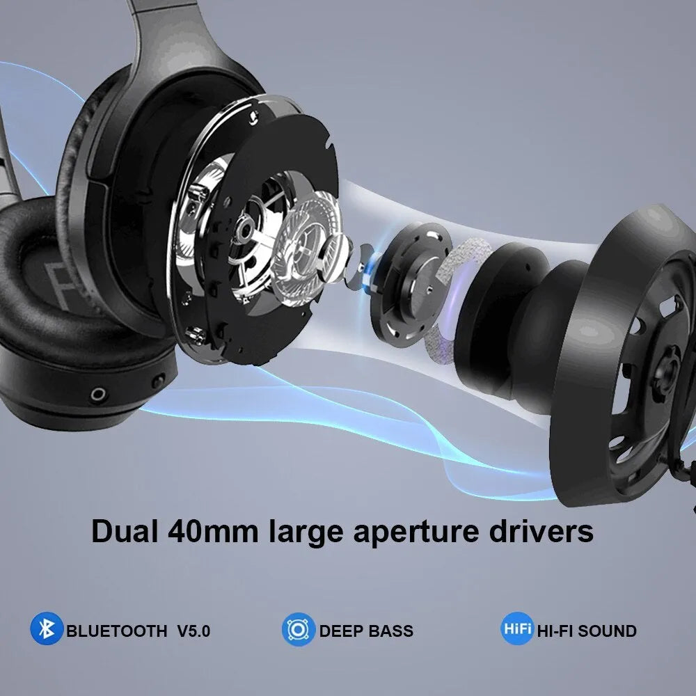 Black Gorsun E98 over-ear wireless Bluetooth headset with memory-protein ear cushions and stainless steel slider.