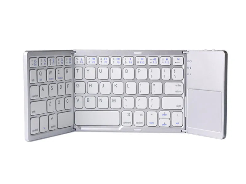 Ultra-thin tri-fold folding touch keyboard in black or silvery white, showing folded and unfolded sizes with touchpad
