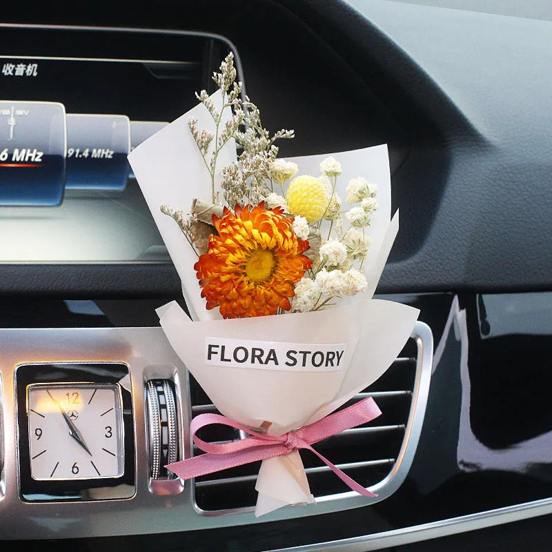 Dried flower car air freshener bouquet with fragrance slices for vehicle air conditioning vents