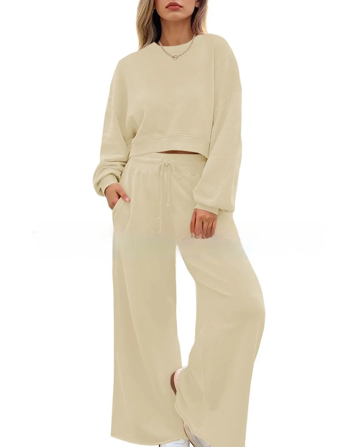 Women's solid colour two-piece set with long sleeves, trousers, and collage stitching in street hipster style
