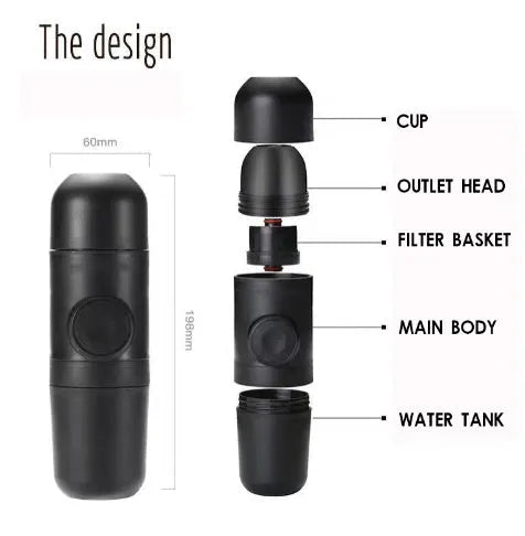 Black portable manual coffee machine showing compact size for travel