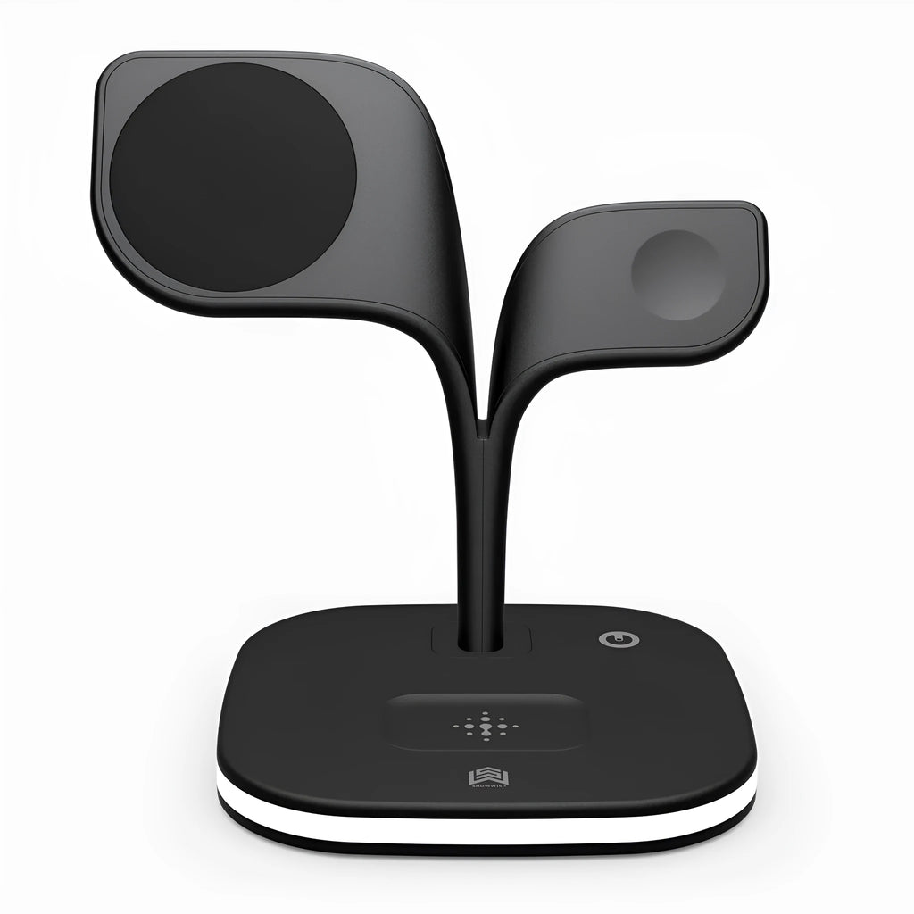 Black or white desktop wireless charging stand holding a phone, with outputs for headphones and a watch.
