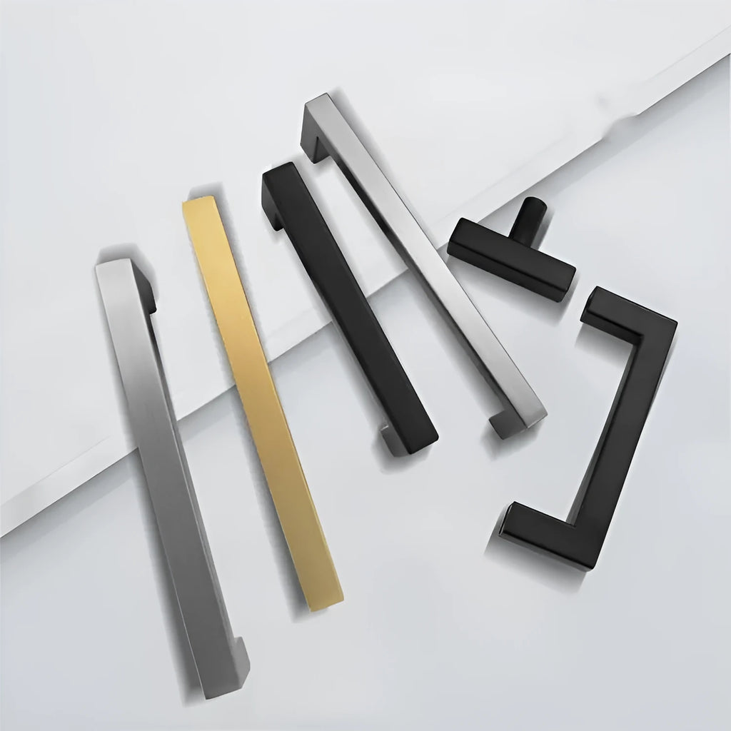 Stainless steel square pipe cabinet door handle in brushed silver finish, shown alongside black and gold colour options.