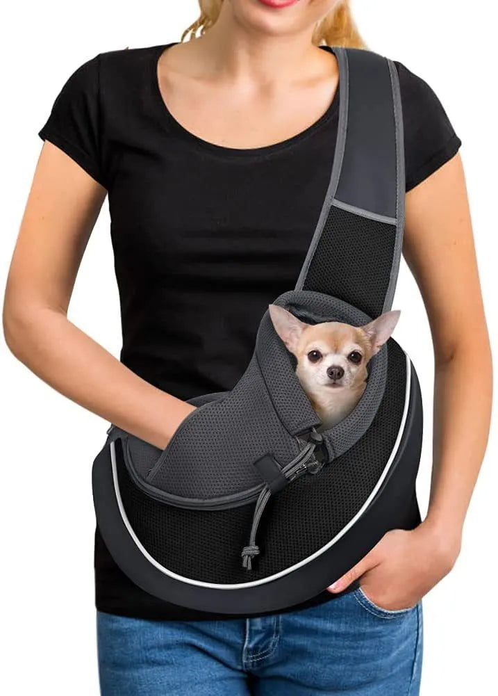 Oxford cloth crossbody pet bag for small dogs and cats, sizes S and M, with drawstring and bottom zipper, shown in black, blue, green, orange, or purple.