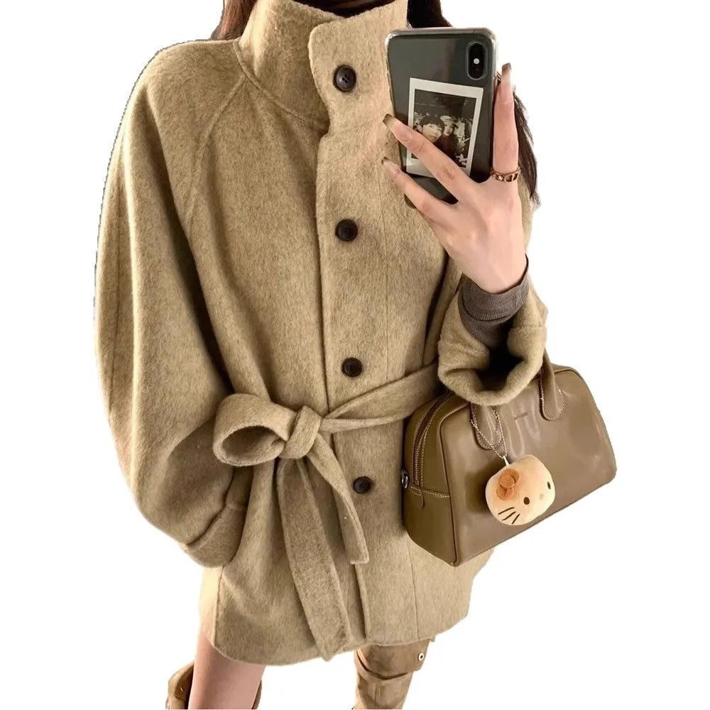 Short woolen coat women Korean casual button front khaki black S to 2XL 50cm length