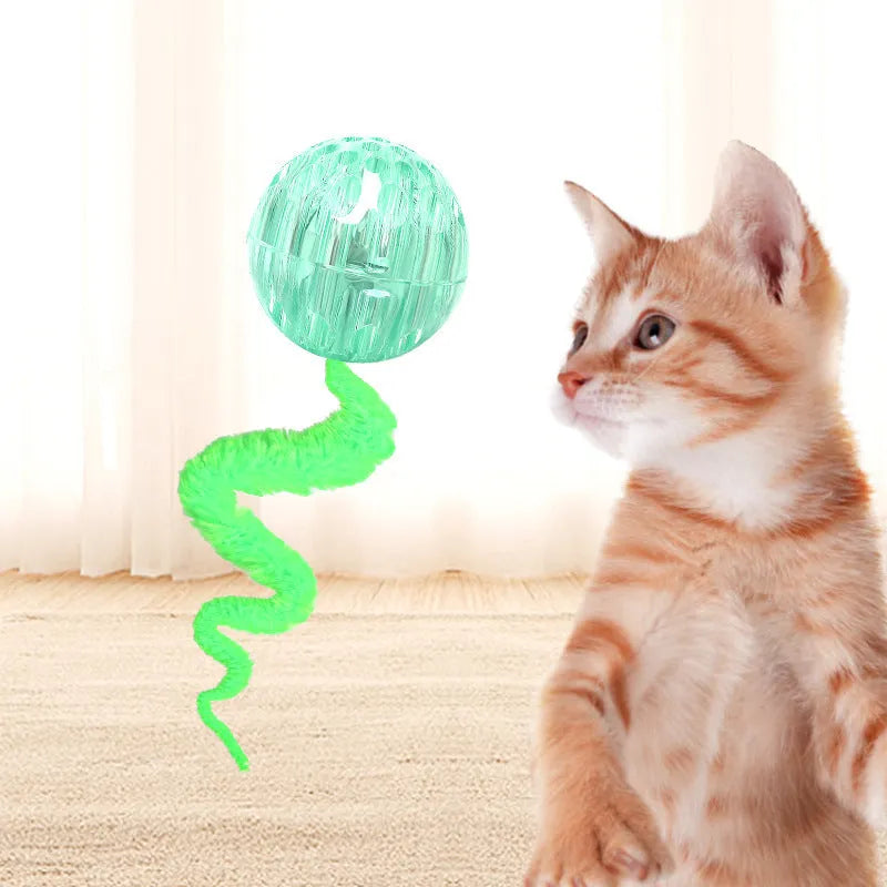Bouncy TPR ball cat toy with soft plush tail attachment in green colour
