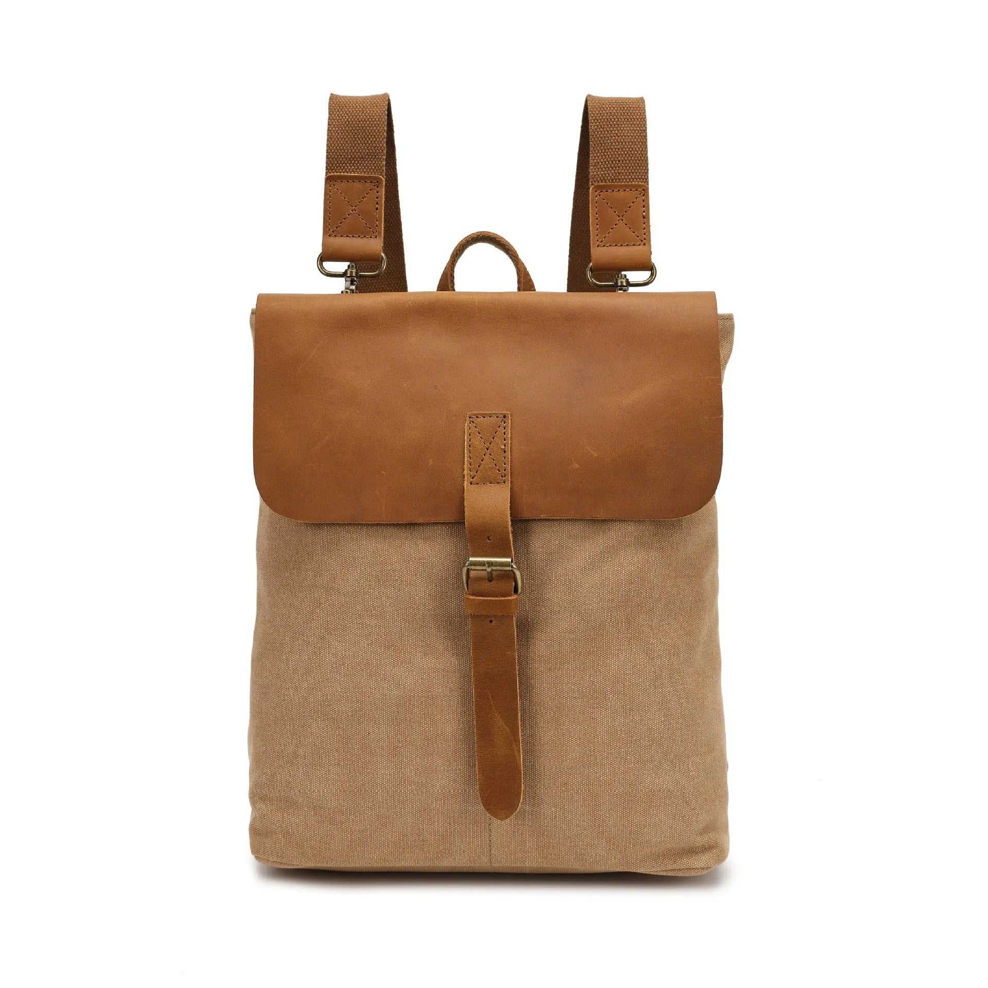 Minimalist Crazy Horse leather and canvas student backpack in neutral colours showing compact dimensions