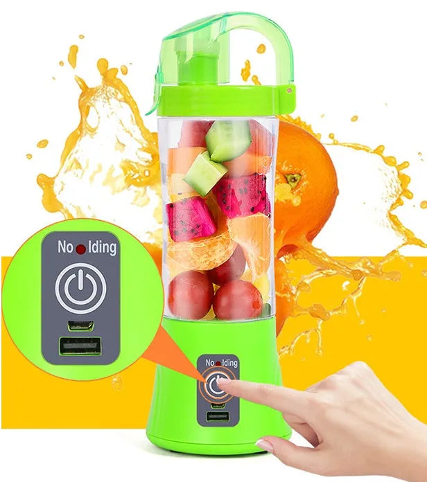 Blue handheld USB rechargeable electric juicer with 400ml cup and blending blade.