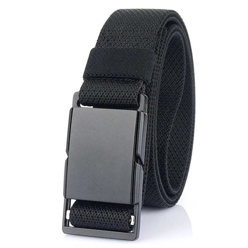 Men's magnetic buckle casual belt in black showing alloy buckle and polyester construction