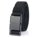 Men's magnetic buckle casual belt in black showing alloy buckle and polyester construction