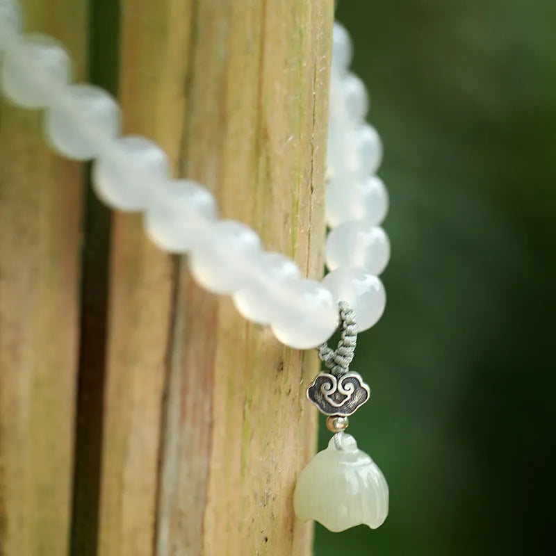S925 sterling silver bracelet with white agate and green Hetian jade beads in geometric lotus pattern
