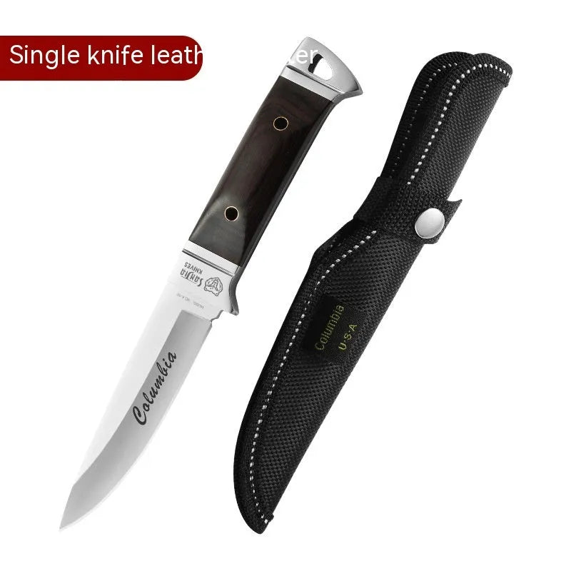 Camping portable fruit knife with stainless steel blade and national style leather case for outdoor use