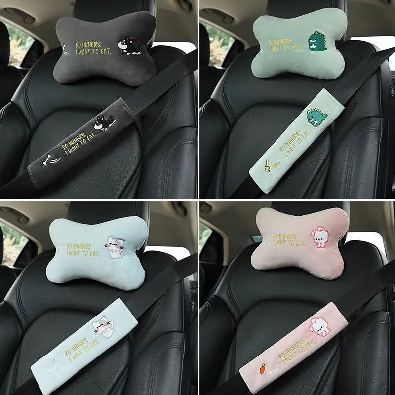 Plush embroidered car headrest shoulder pad in blue, green, black or pink with cartoon lion, dinosaur, kitten, puppy or rabbit motif