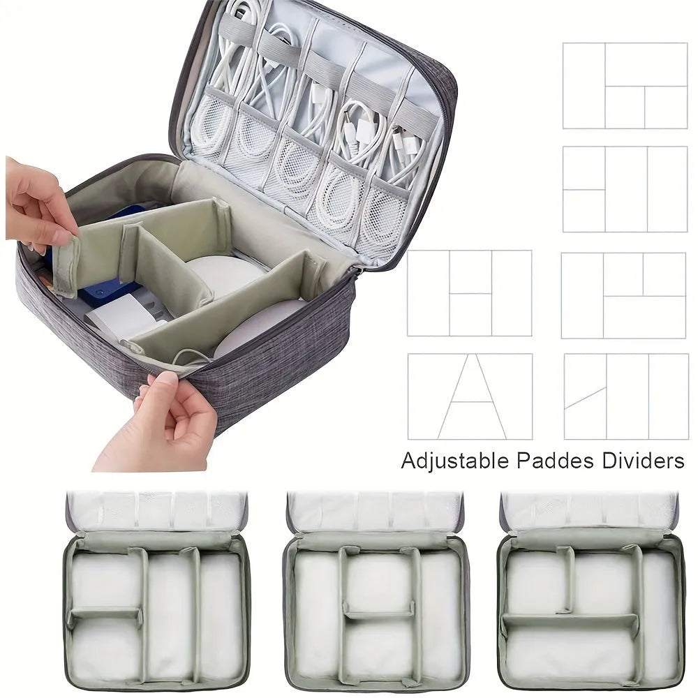 Black electronics organiser bag with mesh pockets and removable dividers for cable storage
